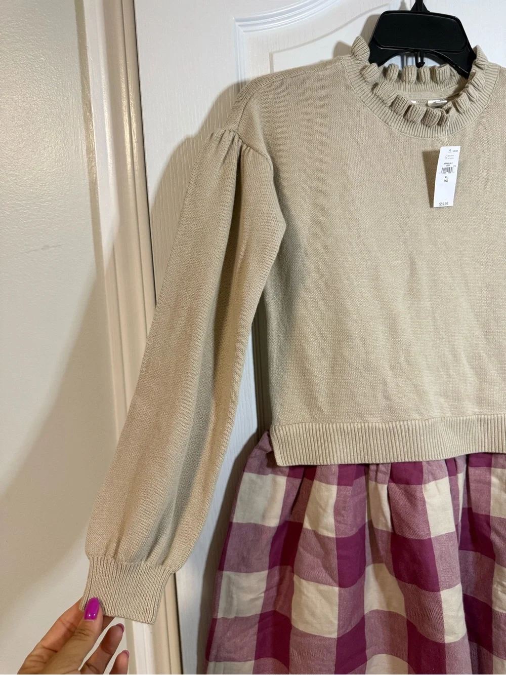 GAP Girls Beige Knit Top with Pink Plaid Skirt Dress